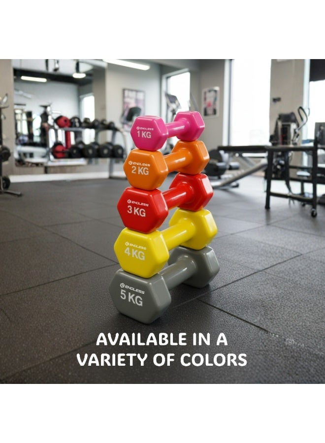 ENDLESS  Vinyl Coated Fixed Dumbbell for Gym Exercises | Pair of 2 Kg ( 2 * 4.4 LB ) | Material : Iron with Vinyl Coat | Weights for Women and Men - Image 5